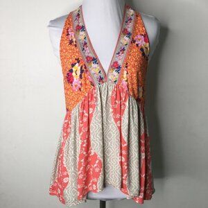 Free People Women’s V Neck Racerback Boho Chic Floral Top Size XS Orange Pink